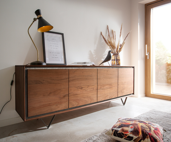 Bild 1 von Sideboard Stonegrace 200 cm Akazie Braun Steinfurnier 4 Türen V-Fuß Schwarz