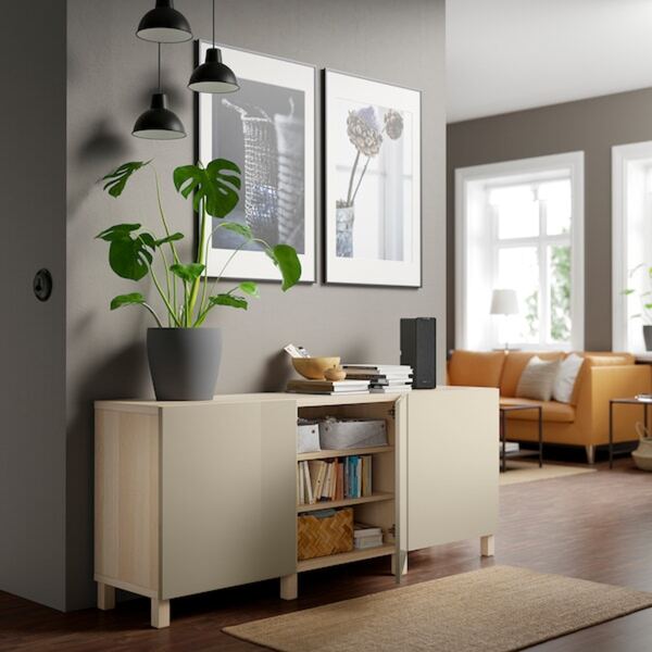 Bild 2 von BESTÅ Aufbewahrung mit Türen, Eicheneff wlas/Selsviken/Stubbarp Hochglanz beige 180x42x74 cm