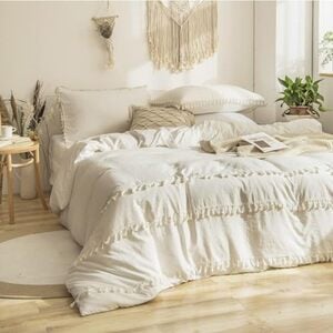 Freyamy Pom Pom Böhmen Bettwäsche Boho Chic Wendebettwäsche Gewaschene Microfaser Weiche Einzelbett Bettwaren-Sets Bequem Doppelbett Bettbezug mit Reißverschluss und Kissenbezug 80x80cm