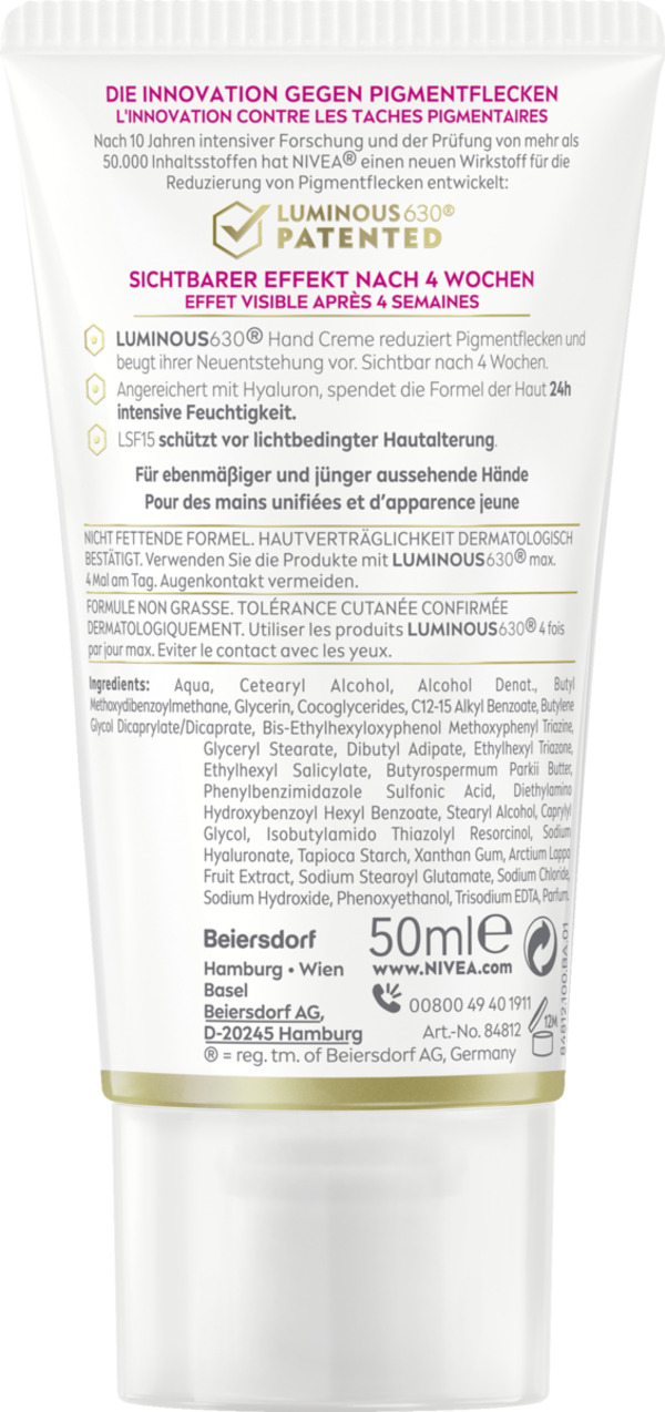 Bild 2 von NIVEA Hand Creme Luminous630° Anti-Pigmentflecken hochwirksame LSF 15, 50 ml