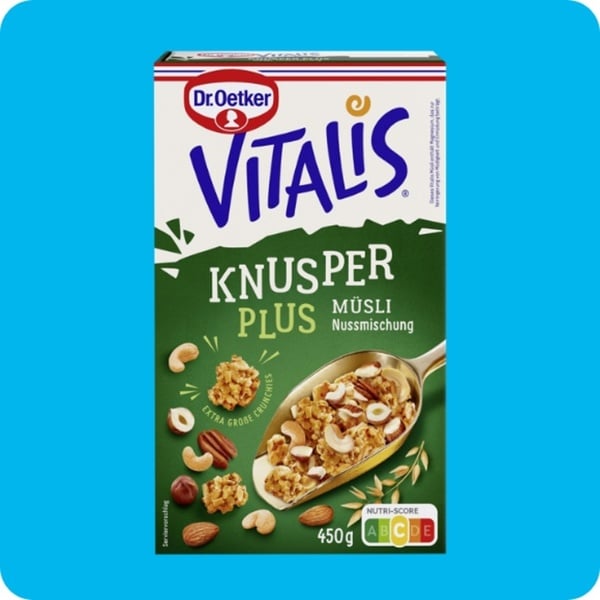 Bild 1 von DR. OETKER Vitalis-Müsli, Knusper-Müsli-Plus: Müsli-Nuss-Mischung