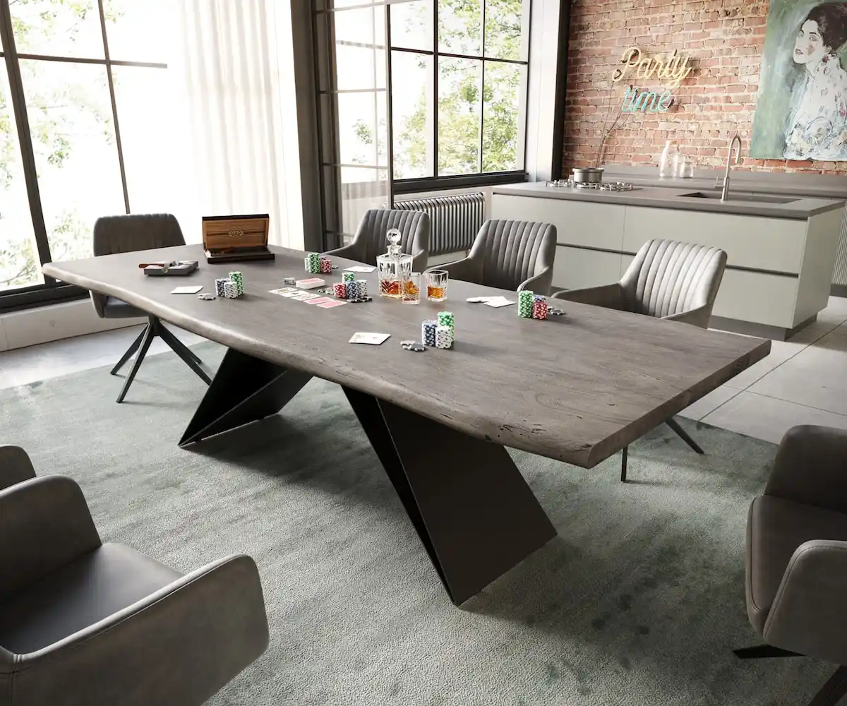 Bild 1 von Esstisch Edge 260x100 Akazie Platin V-Gestell Flachstahl Schwarz Live-Edge