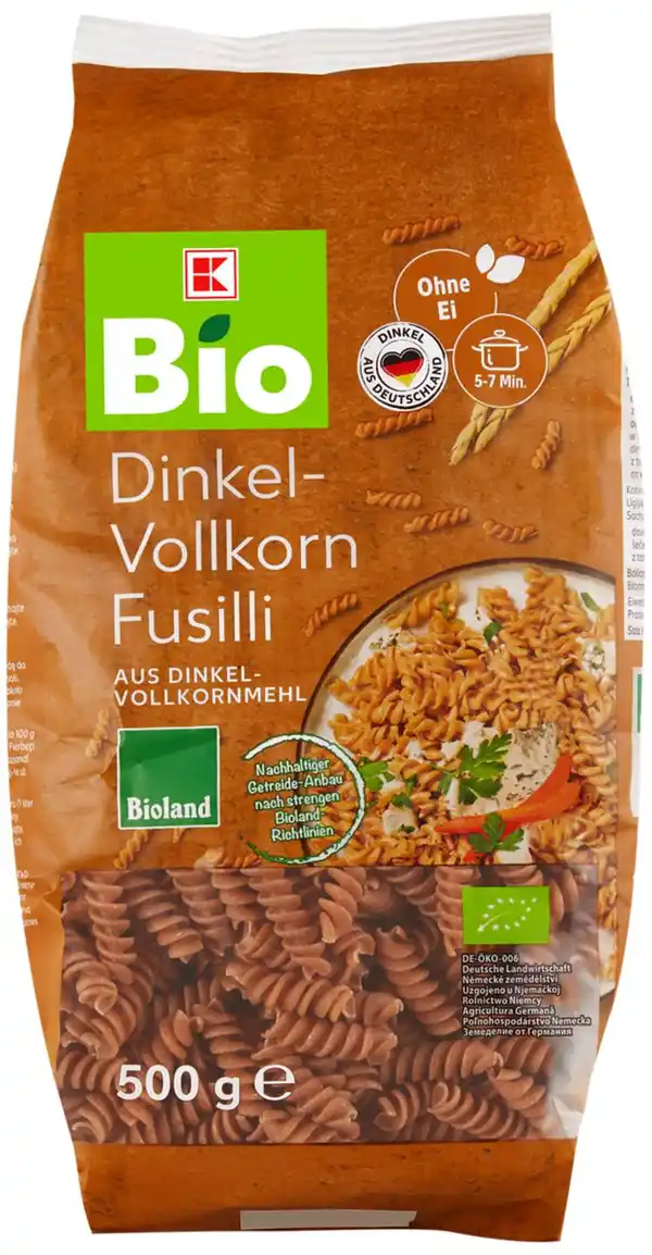 Bild 1 von K-BIO Bioland Dinkel-Vollkorn- Nudeln, 500-g-Packg.