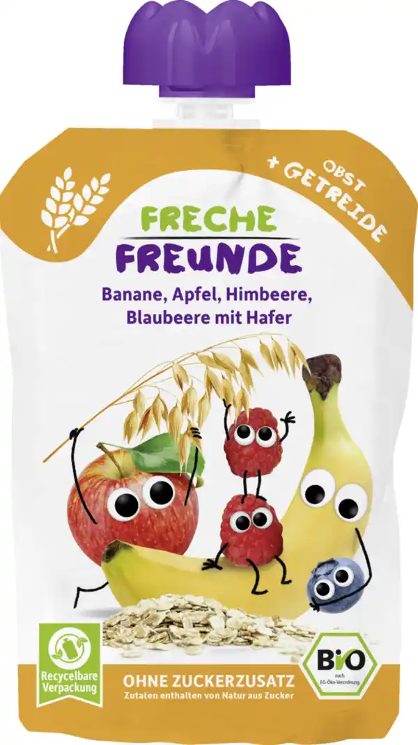 Bild 1 von Freche Freunde Bio Quetschie Banane, Apfel, Himbeere, Blaubeere mit Hafer, 100 g