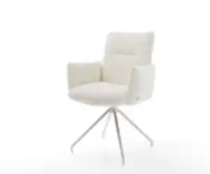 Drehstuhl Jova-Flex mit Armlehnen Bouclé Weiß Kreuzgestell konisch Edelstahl 180° drehbar Taschenfederkern
