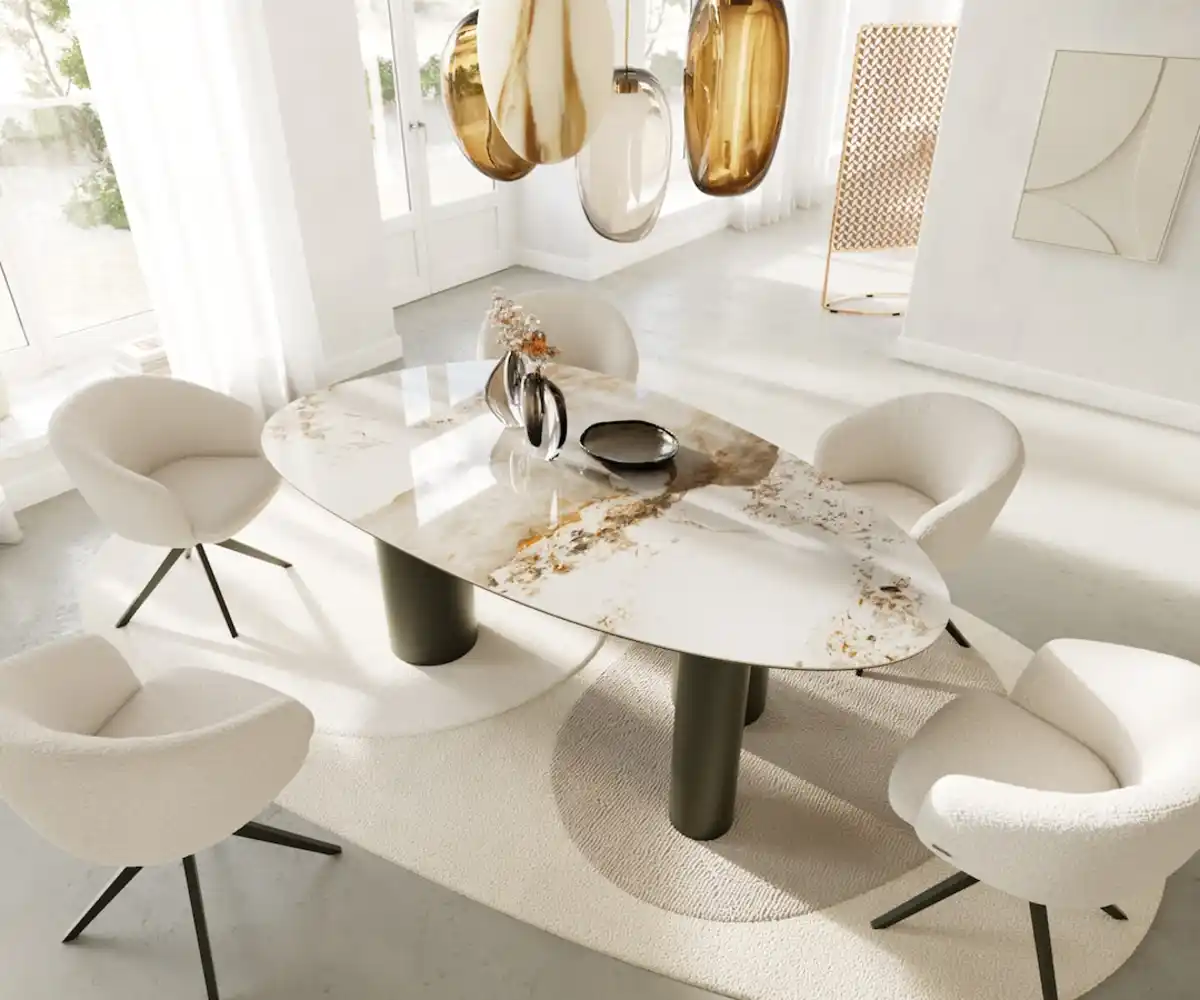 Bild 1 von Esstisch Edge Oval 220x120 Keramik Minas Melange Weiß-Beige Pilier Metall Effektfinish Titan