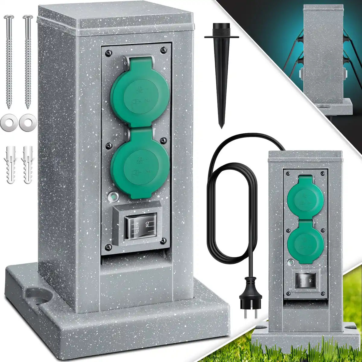 Bild 1 von KESSER® Gartensteckdose Steinoptik mit 4 Steckplätzen Inkl.Erdspieß, Mehrfachsteckdosen aussen mit 3m Verlängerungskabel Außensteckdose IP44 Wasserdicht Steinsteckdose mit ON/Auto Dämmerungssen