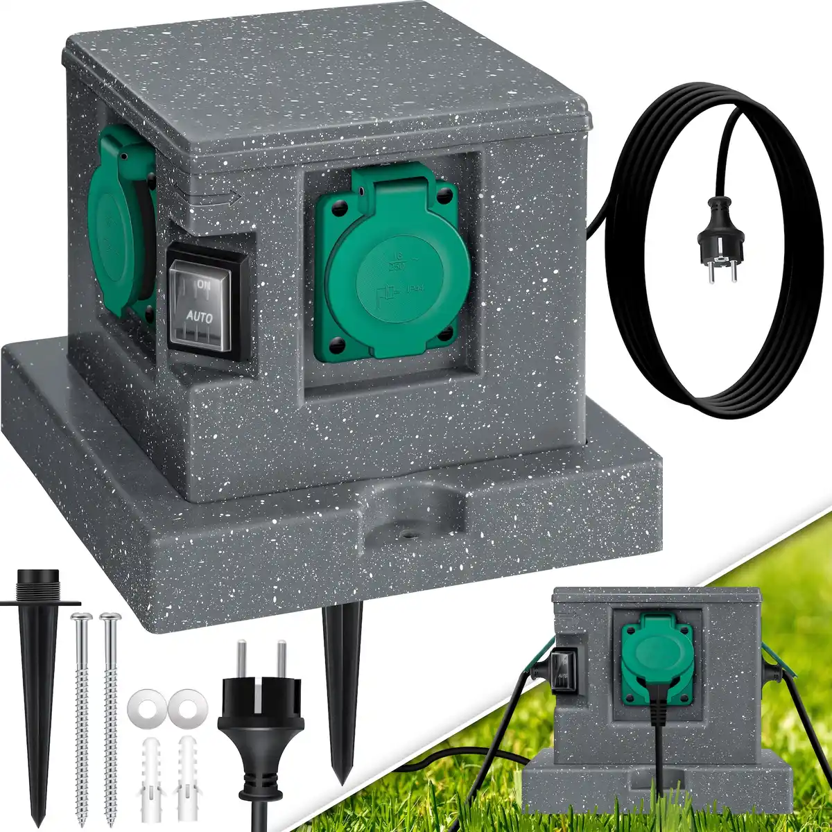 Bild 1 von KESSER® Gartensteckdose Steinoptik mit 4 Steckplätzen Inkl.Erdspieß, Mehrfachsteckdosen aussen mit 3m Verlängerungskabel Außensteckdose IP44 Wasserdicht Steinsteckdose mit ON/Auto Dämmerungssen