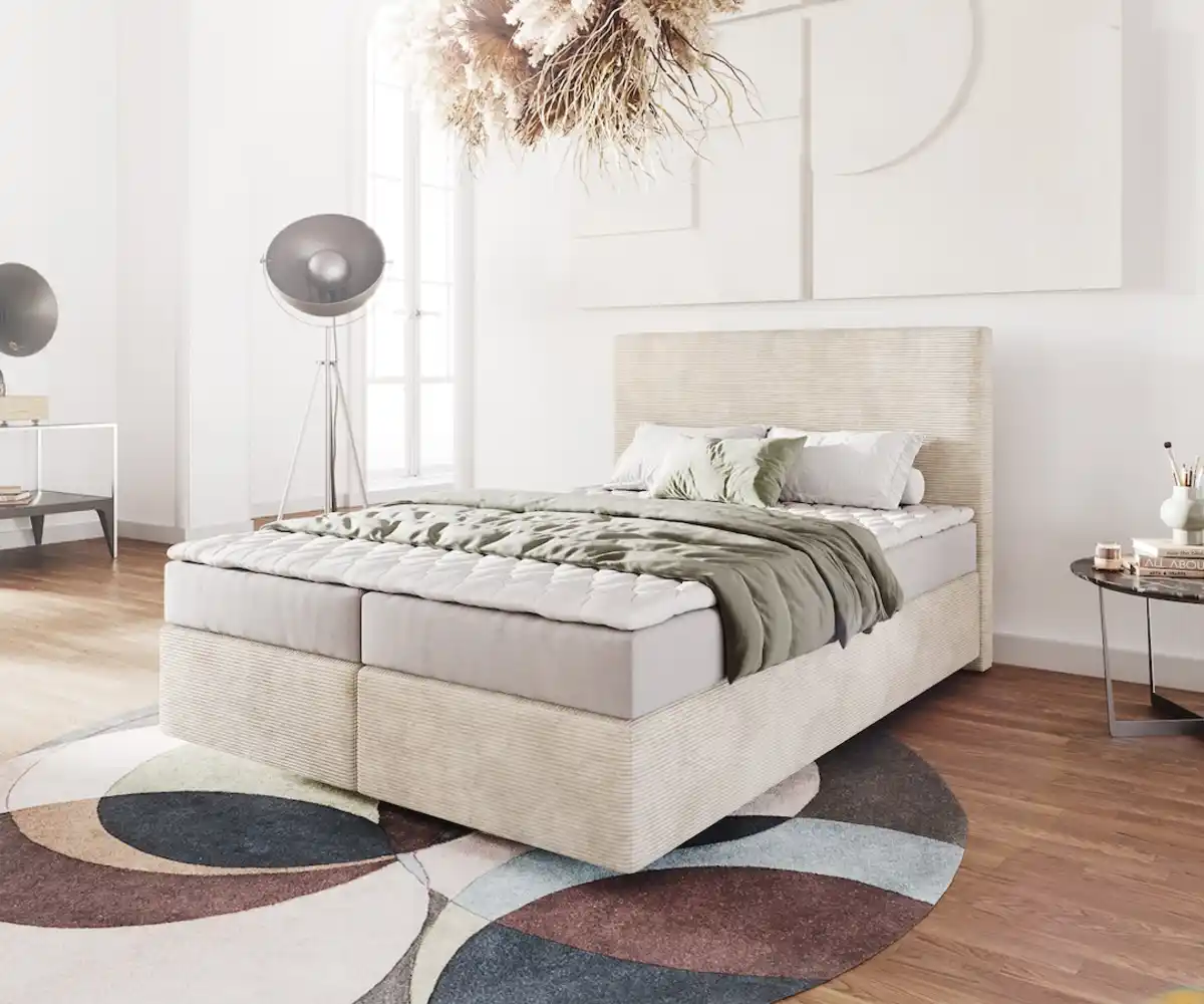 Bild 1 von Boxspringbett Dream-Well 140x200 cm Cord Beige mit Matratze und Topper