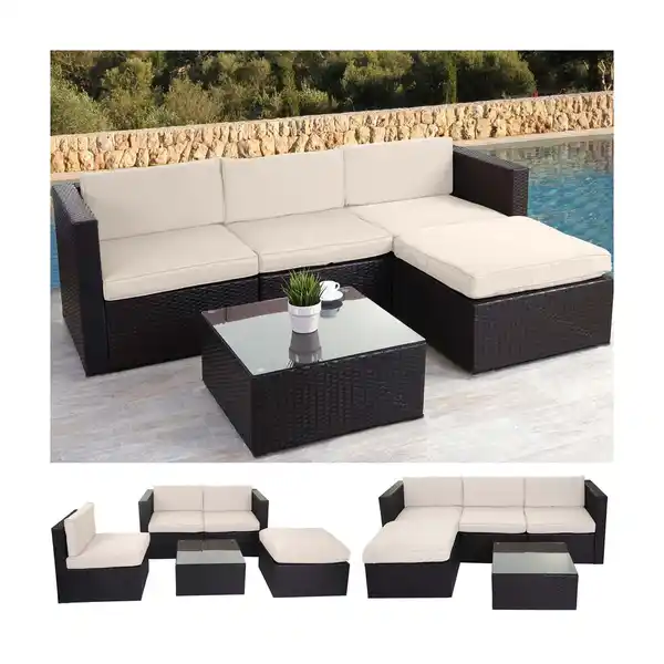 Bild 1 von Poly-Rattan-Garnitur MCW-D28, Gartengarnitur Sofa Set ~ braun, Polster creme ohne Deko-Kissen/Abdeckung