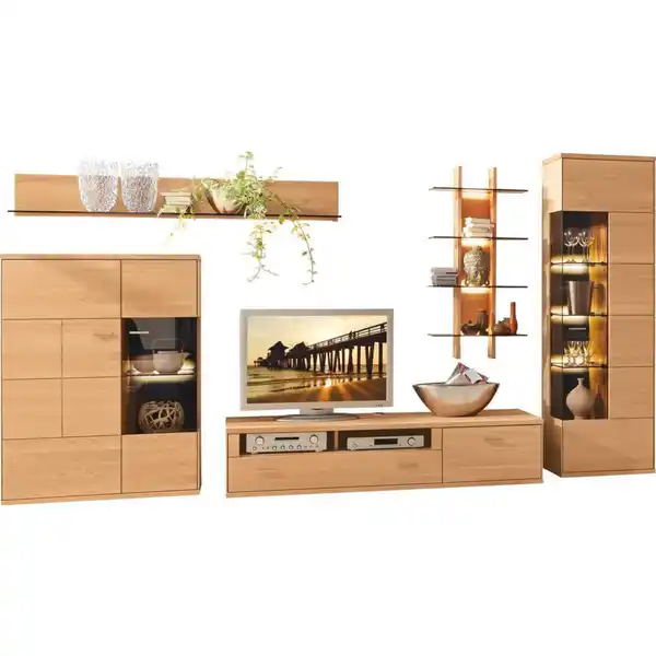 Bild 1 von Musterring Wohnwand Portland, Metall, Eiche, massiv, 10 Holzböden, 4 Glasböden Fächer, 2 Schubladen, 378x200x54 cm, Made in Germany, Goldenes M, Pefc, erweiterbar, Typenauswahl, individuell planba