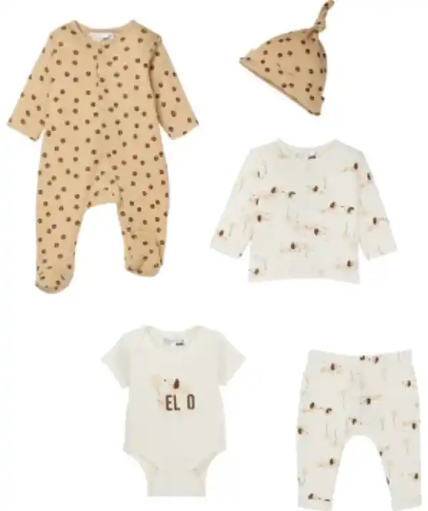 Bild 1 von Newborn Mütze + Langarmshirt + Strampler + Body + Hose, Ergee, 5-tlg. Set, offwhite