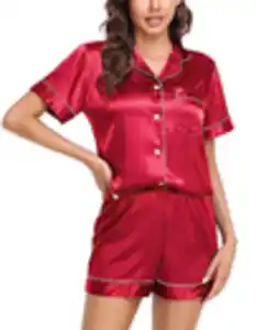 Vlazom Damen Satin Schlafanzug Kurzarm Satin Pyjama Set mit Knopfleiste Zweiteiliger Hausanzug