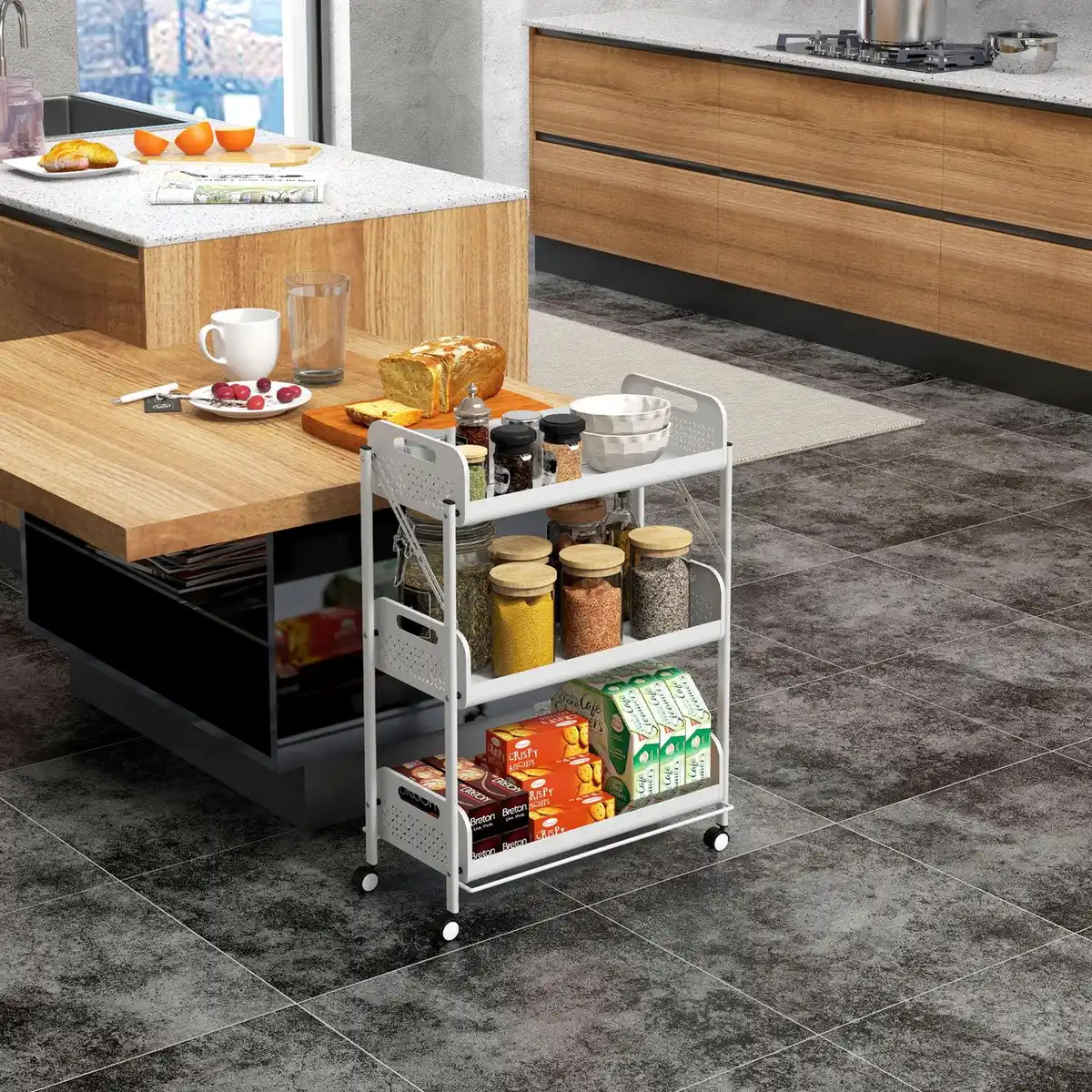 Bild 2 von Servierwagen Rollwagen mit 3 Etagen, Faltbarer Aufbewahrungswagen Weiß