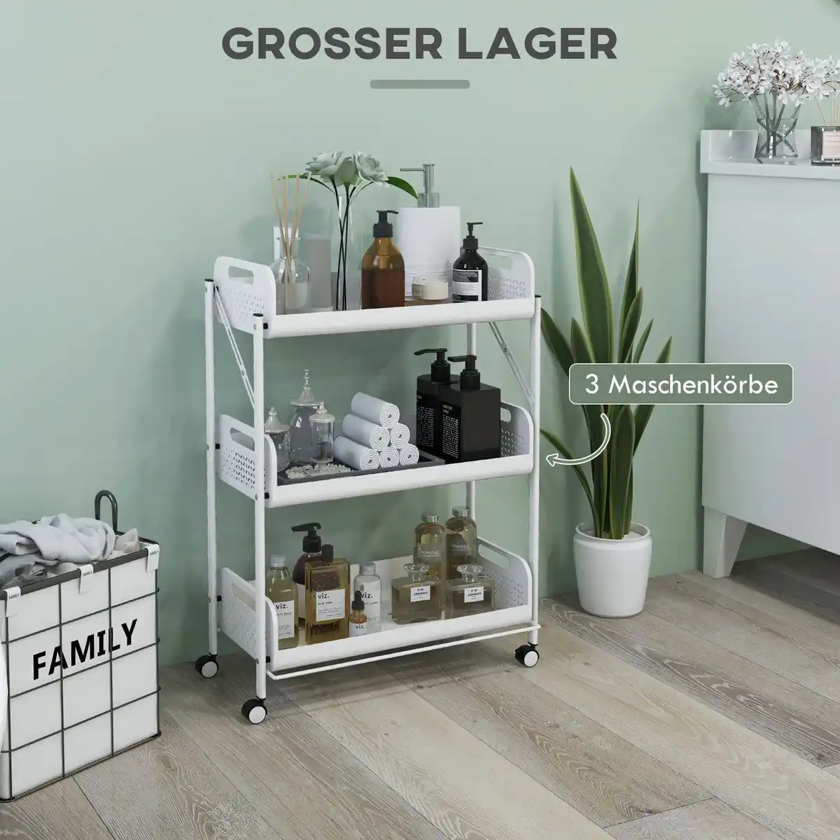 Bild 4 von Servierwagen Rollwagen mit 3 Etagen, Faltbarer Aufbewahrungswagen Weiß