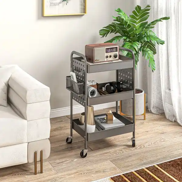 Bild 2 von Rollwagen, Servierwagen Aufbewahrungswagen mit 3 Etagen, Dunkelgrau