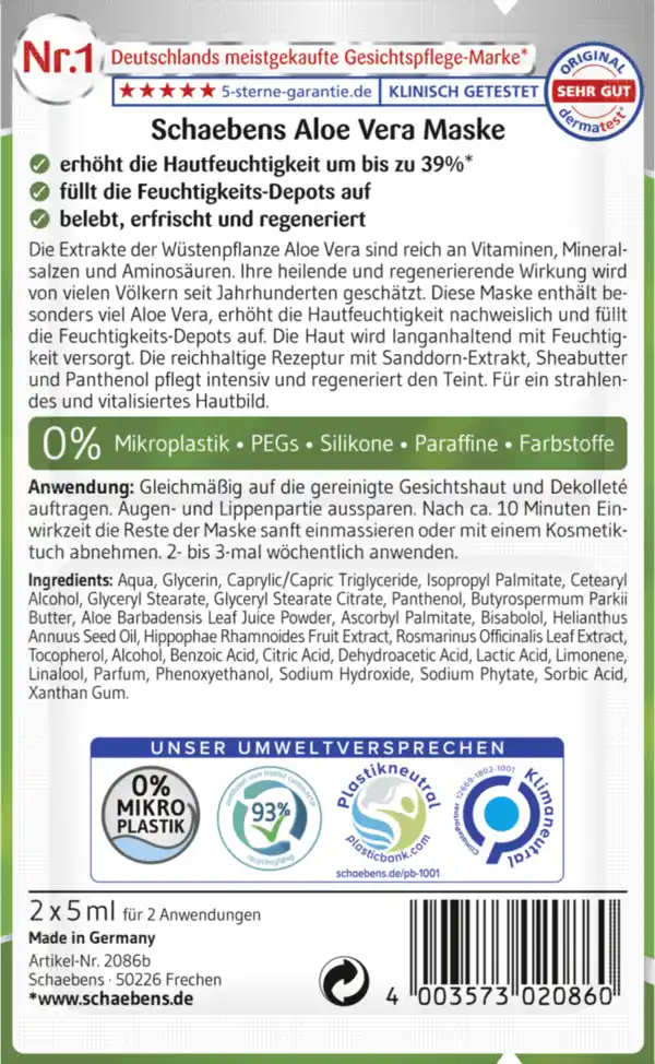Bild 1 von Schaebens Aloe Vera Maske 10er Beutel, 100 ml