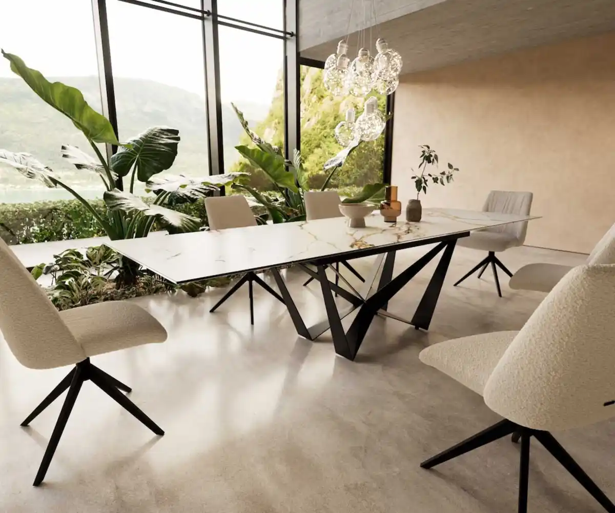 Bild 1 von Esstisch Edge 200-300x100 Keramik Calacatta Luxe Weiß-Gold-Grau Spider Flachstahl Schwarz ausziehbar