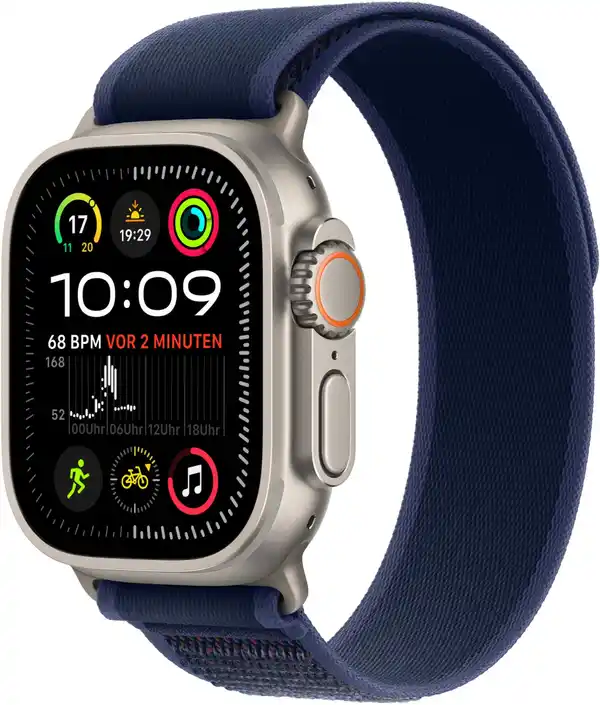 Bild 1 von Apple Watch Ultra 2 (49mm) GPS+4G Titan mit Trail Loop Armband (S/M) natur/blau