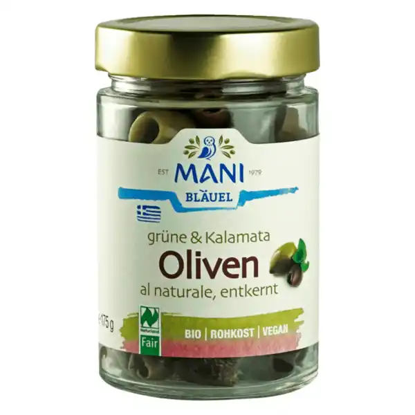 Bild 1 von Mani Bio Grüne & Kalamata Oliven al naturale entkernt 175g