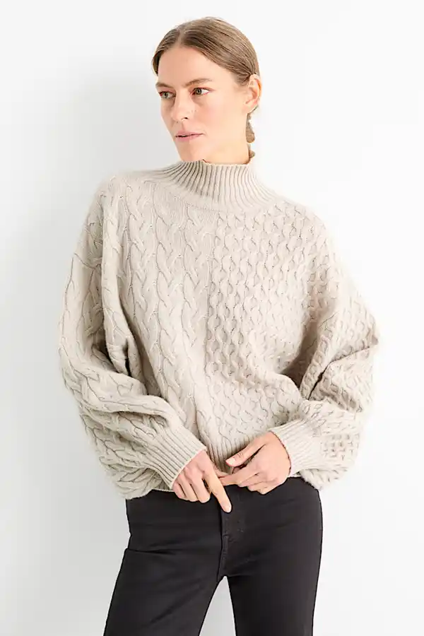 Bild 1 von C&A Kaschmir-Pullover mit Stehkragen-Zopfmuster, Beige, Größe: S