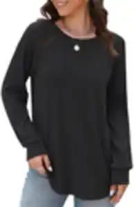 Odosalii Damen Rundkragen Langarmshirt Elegant Spitzen Oberteile Lässige Einfarbig Longshirt Pullover Tunika Top Bluse