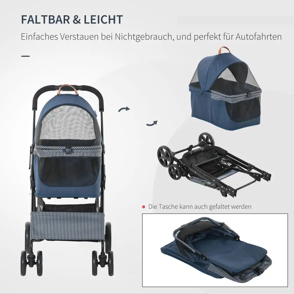 Bild 2 von 2-in-1 Hundebuggy Transporttasche Katzenbuggy mit Universal Rad abnehmbar Abdeckung Oxford Dunkelbla