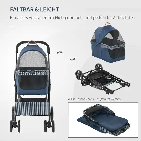 Bild 2 von 2-in-1 Hundebuggy Transporttasche Katzenbuggy mit Universal Rad abnehmbar Abdeckung Oxford Dunkelbla