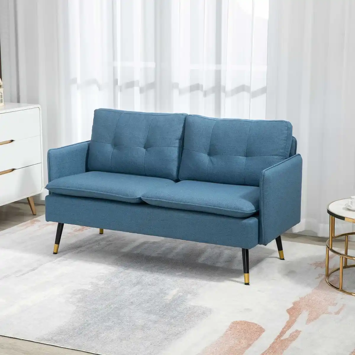 Bild 2 von 2 Sitzer Sofa, Couch mit Dickem Kissen, Leinenoptik und Stahlbeine Blau