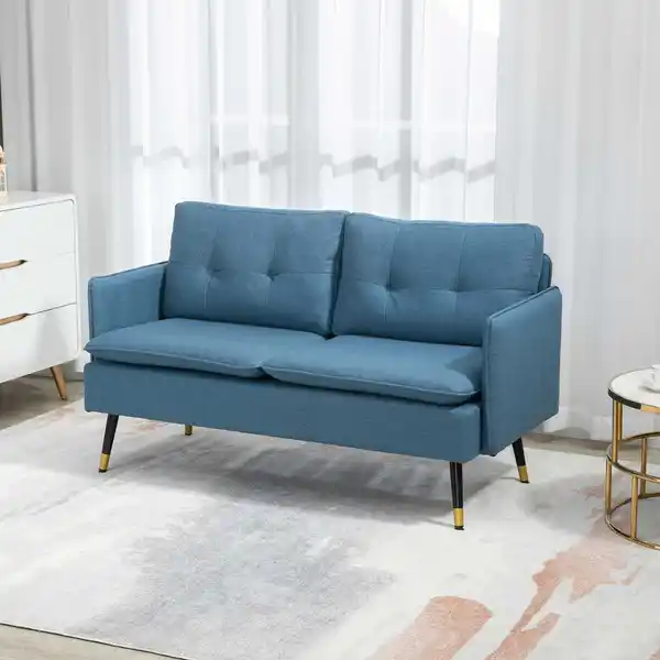 Bild 2 von 2 Sitzer Sofa, Couch mit Dickem Kissen, Leinenoptik und Stahlbeine Blau
