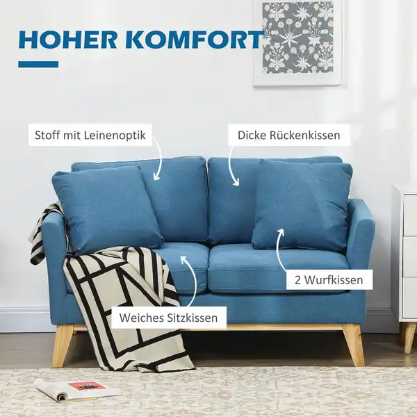 Bild 4 von 2-Sitzer Sofa Doppelsofa in Leinenoptik, Zweisitzer mit Kissen bis 150 kg Blau