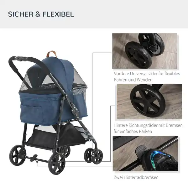 Bild 1 von 2-in-1 Hundebuggy Transporttasche Katzenbuggy mit Universal Rad abnehmbar Abdeckung Oxford Dunkelbla