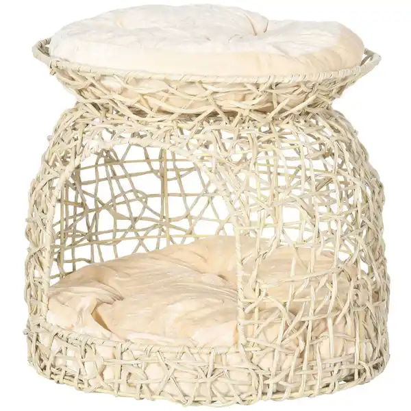 Bild 4 von Katzenhöhle aus Rattan, 2 Etagen, Katzenhütte mit Kissen, Katzenhaus