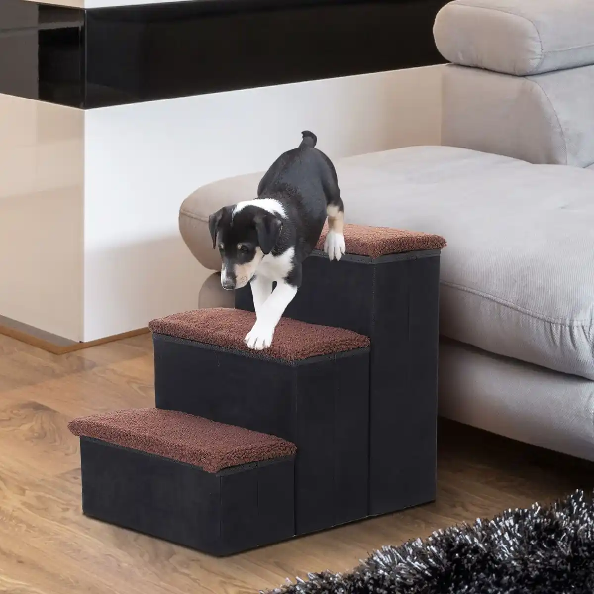 Bild 3 von Haustiertreppe Katzentreppe Hundetreppe Faltbar Tiertreppe mit Stauraum MDF Schwarz 40 x 54 x 48 cm