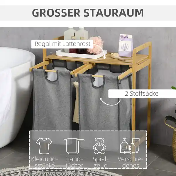 Bild 4 von Wäschekorb Wäschebox mit 2 abnehmbaren Wäschesacke Wäschesortierer Bambus