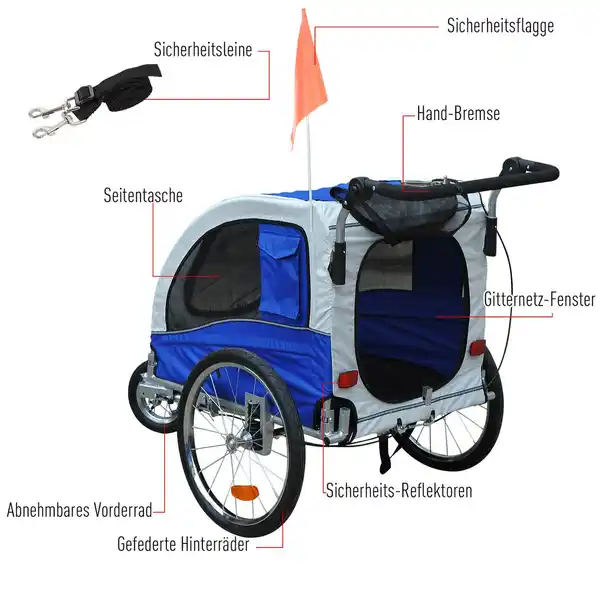 Bild 3 von Hundeanhänger Fahrradanhänger Jogger Hunde Anhänger 2 in1 Anhänger Blau
