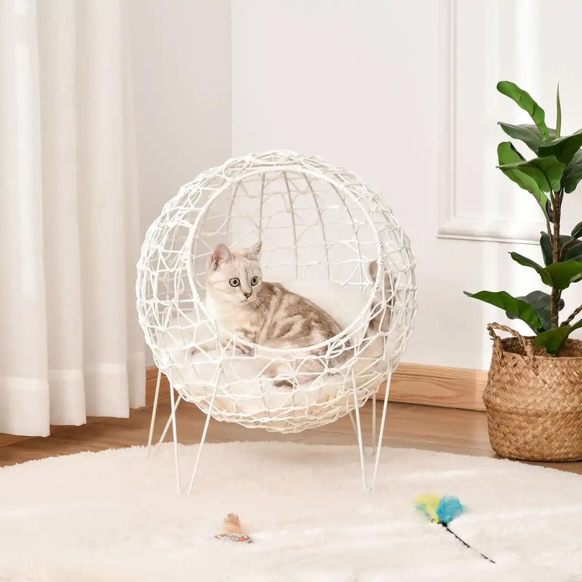 Bild 2 von Rattan Katzenkorb Katzenhöhle Katzenhütte Katzenbett mit Kissen erhöhtes Design Haustierbett Cremewe