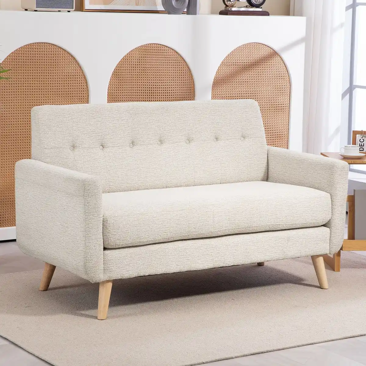 Bild 2 von 2 Sitzer Sofa, Couch mit Dickem Sitz- und Rückenkissen, Samtoptik, Beige