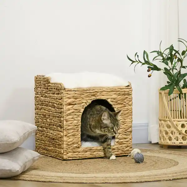 Bild 4 von Rattan Katzenhaus, Katzenhöhle mit Kissen, Katzenhütte mit 2 Ebenen