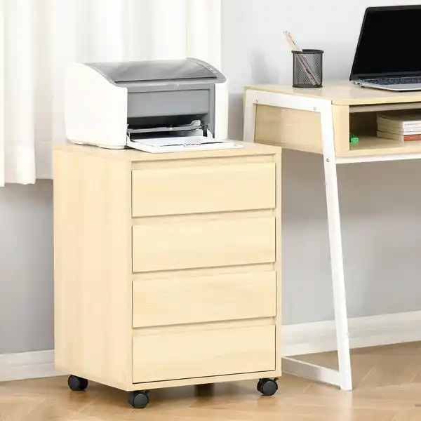 Bild 2 von Rollcontainer Aktenschrank Büroschrank mit 4 Schubladen Lagerschrank MDF Natur