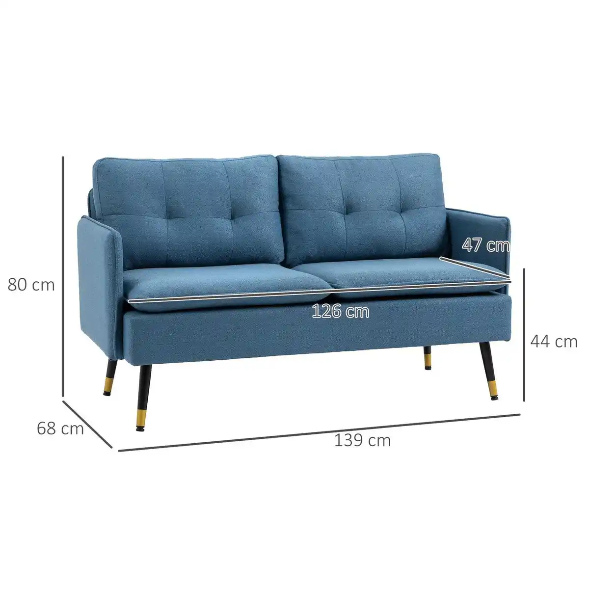 Bild 3 von 2 Sitzer Sofa, Couch mit Dickem Kissen, Leinenoptik und Stahlbeine Blau