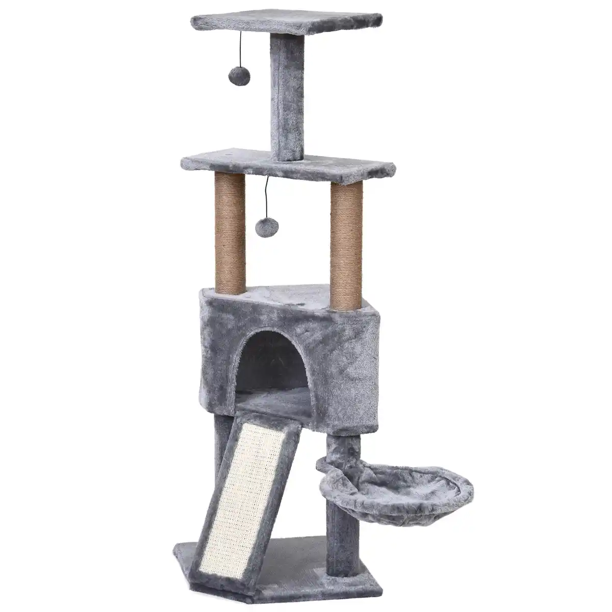 Bild 2 von Katzenbaum mit Hängebett, 4-Stock Kratzbaum, Katzenhaus mit Spielbällen, mit Sisalsäule und Kratzbre