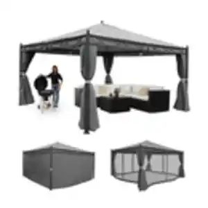 Pergola Calpe, Garten Pavillon, stabiles 7cm-Gestell mit Seitenwand + Moskitonetz ~ grau 4x4m