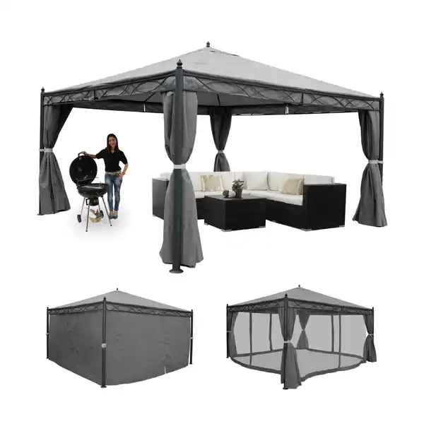 Bild 1 von Pergola Calpe, Garten Pavillon, stabiles 7cm-Gestell mit Seitenwand + Moskitonetz ~ grau 4x4m