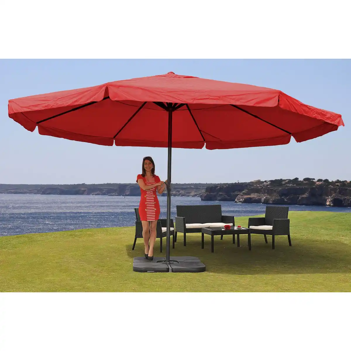 Bild 1 von Sonnenschirm Carpi Pro, Gastronomie Marktschirm mit Volant Ø 5m Polyester/Alu 28kg ~ bordeaux mit Ständer