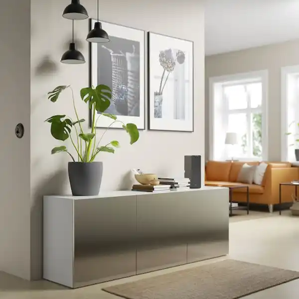 Bild 3 von BESTÅ Aufbewahrung mit Türen, weiß/Riksviken hell bronzefarben 180x42x65 cm