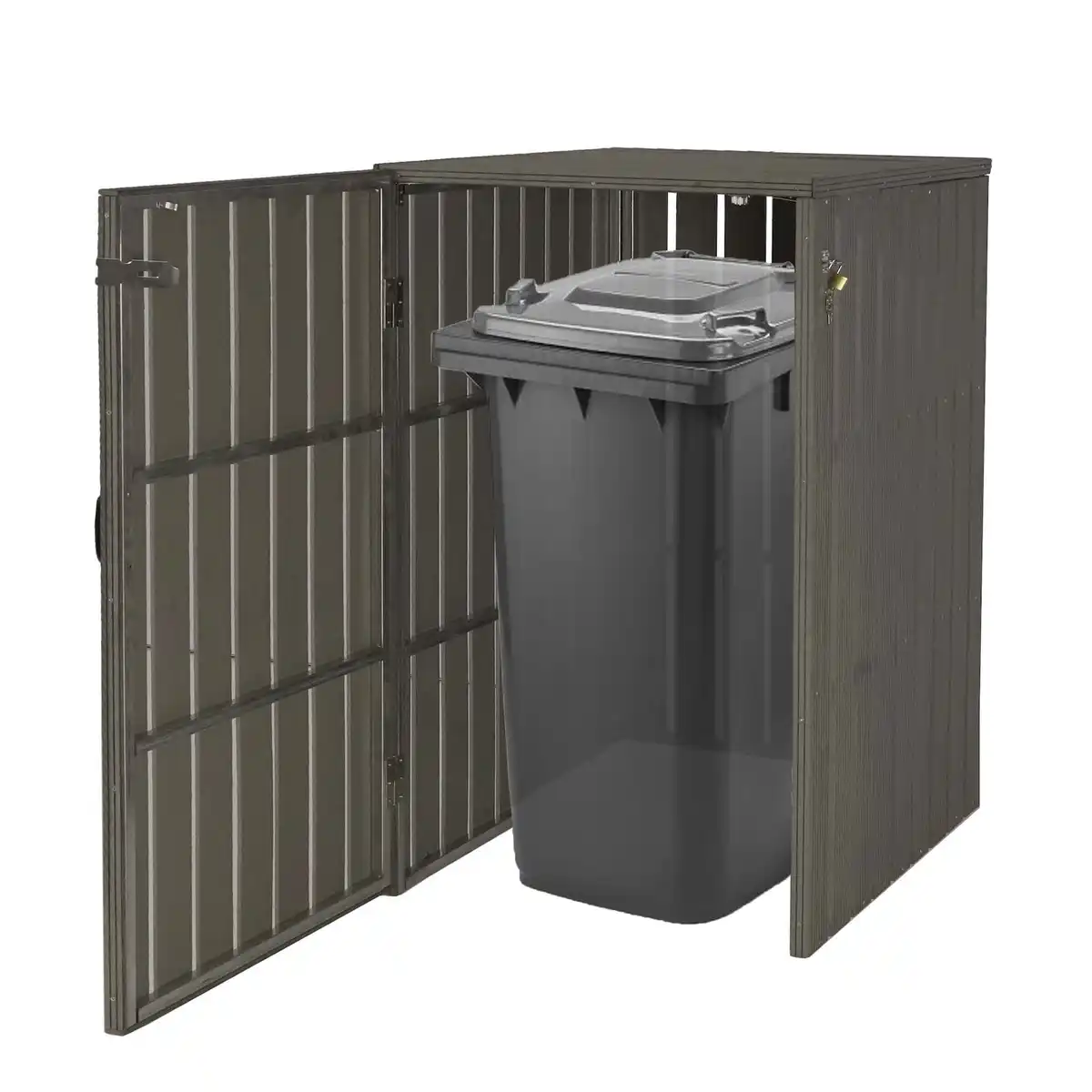 Bild 1 von 1er WPC-Mülltonnenverkleidung MCW-J28, Mülltonnenbox, Metall Holzoptik, erweiterbar 240l ~ grau