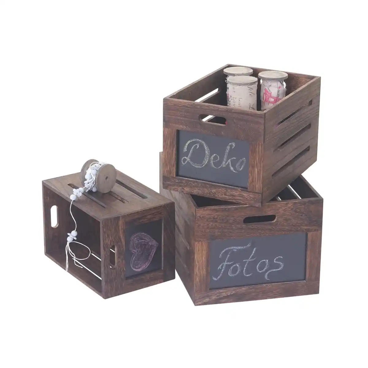 Bild 1 von 3er Set Holzkiste MCW-E11, Aufbewahrungsbox mit Tafel, Shabby-Look ~ Vintage braun