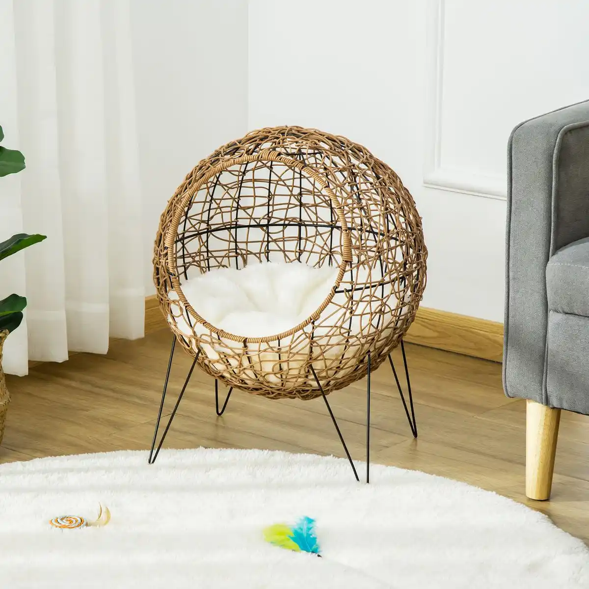Bild 2 von Rattan Katzenkorb Katzenhöhle Katzenhütte Katzenbett mit Kissen erhöhtes Design Haustierbett Braun Ø
