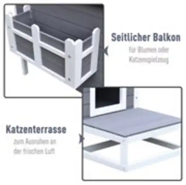 Bild 3 von Katzenhaus Katzenhütte Katzenhöhle Kleintierhaus mit Terrasse und Balkon für Katzen Hunde Tannenholz